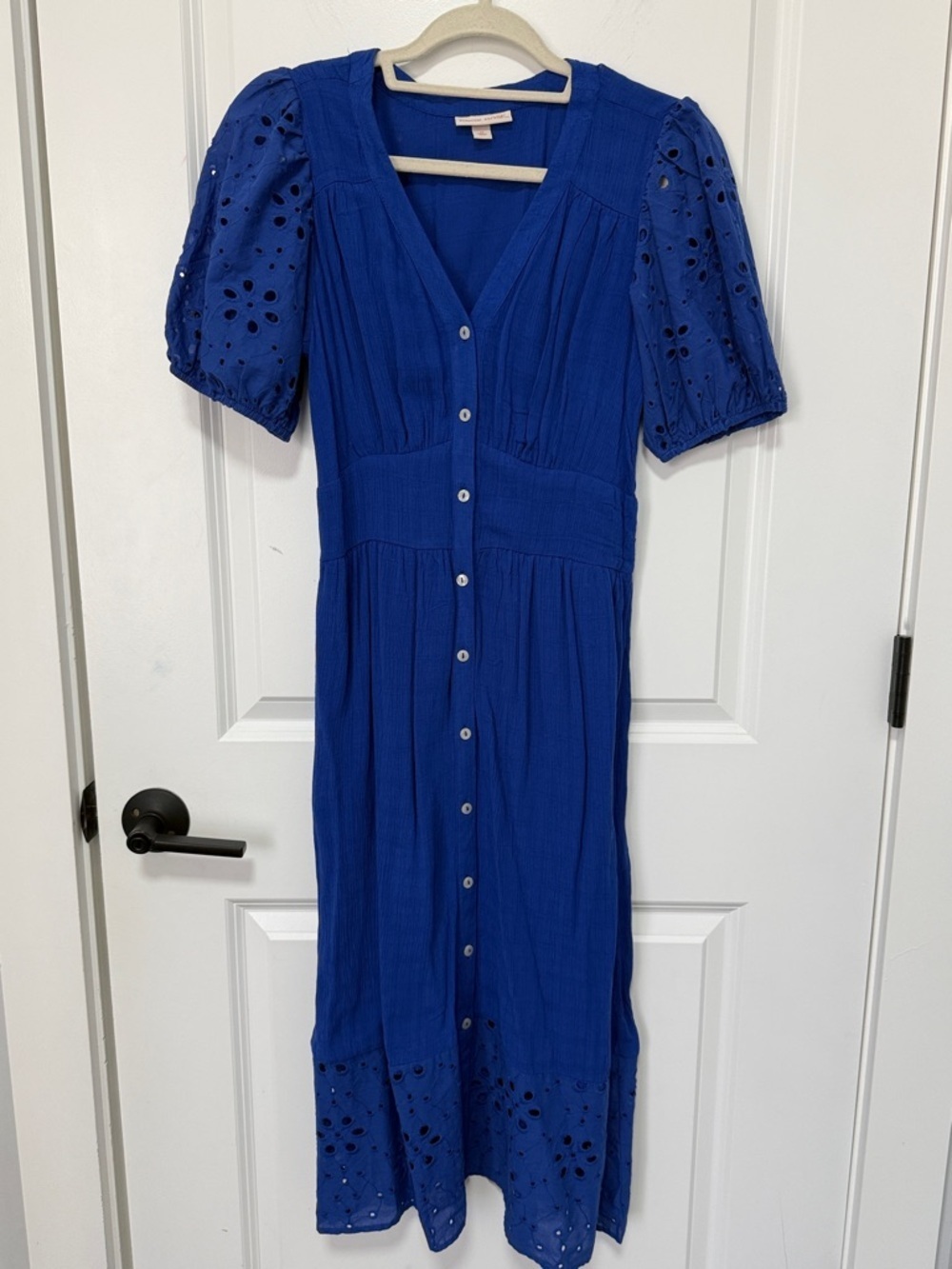 Knox Rose Royal Blue Button-Front Midi Dress  eyelet details sleeve and hem XS
